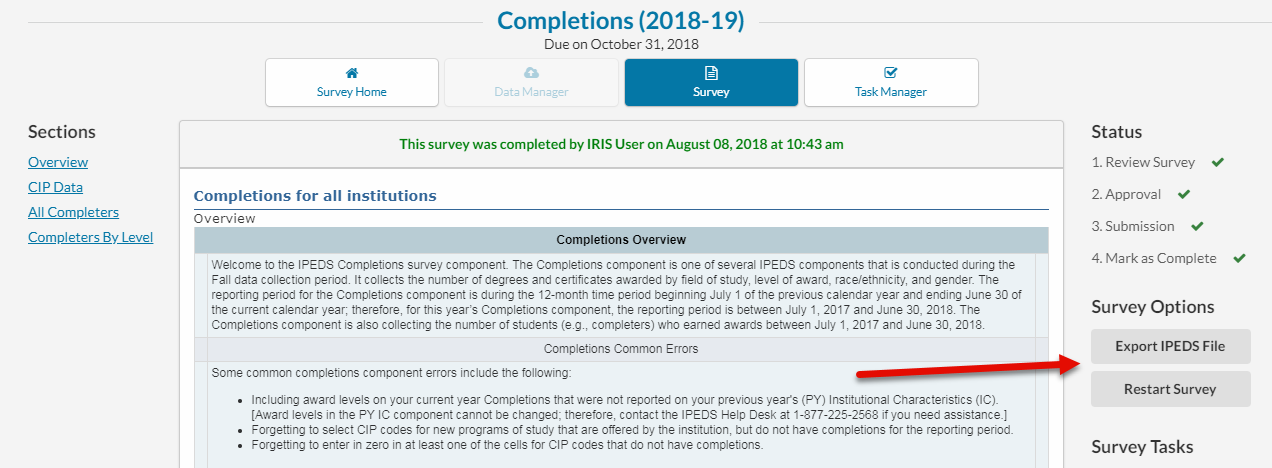 Survey Options section to the right of the survey form underneath the Status section.